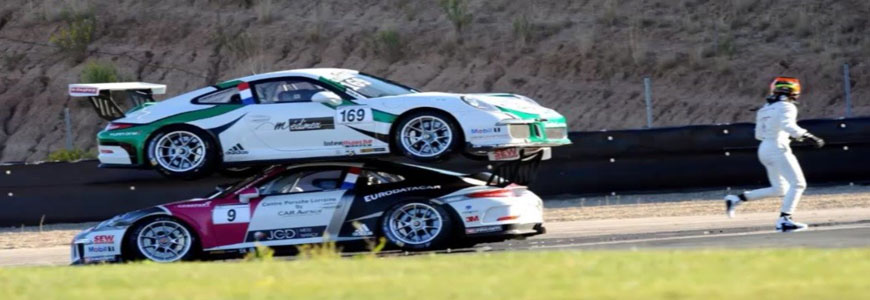 Race Cars Piled Up And Driver Running