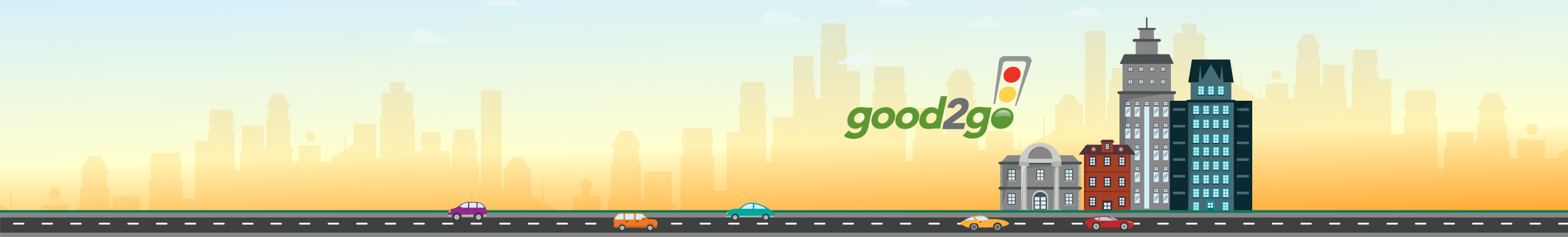 Good2go logo over a sunset city